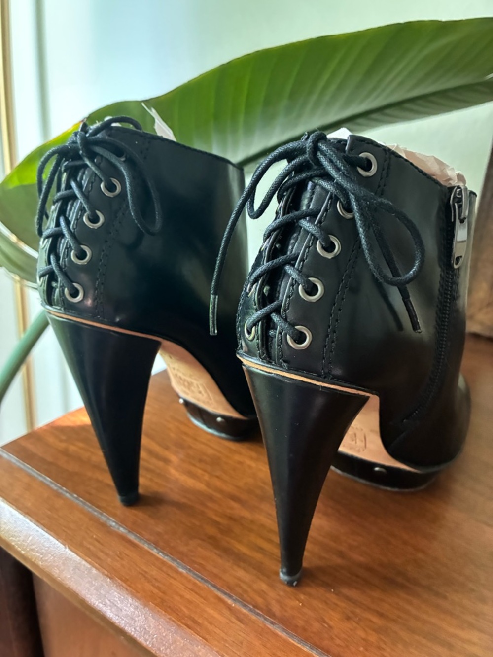Joan & David Black Leather Ankle High Heels Boots - Lace Up Detail, Size 6M